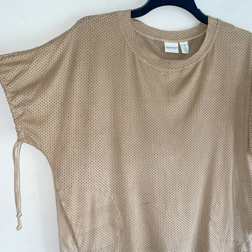 Chicos Zenergy Tan Brown Suede Top Oversized S Perforated Activewear Knit Soft